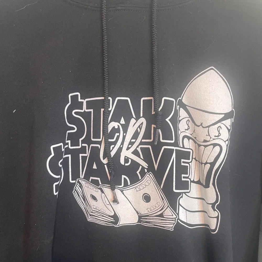 Stak or Starve Mens Streetwear Hiphop Graphic‎ Skate Pullover Hoodie Black Small